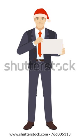 Businessman in Santa hat showing a a paper. Full length portrait of businessman in a flat style. Vector illustration.