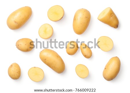 Potatoes isolated on white background. Flat lay. Top view Royalty-Free Stock Photo #766009222