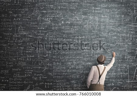 wise man writing mathematical problem solution Royalty-Free Stock Photo #766010008
