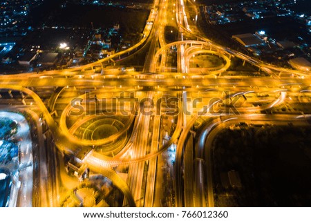 Aerial view night traffic freeway movement transport car light