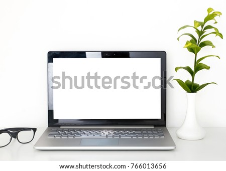 Laptop mock-up in minimalist interior with green plant in the vase