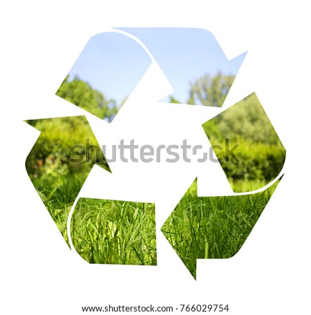 Collage with Recycling ecology symbol with view on green sunny meadow 