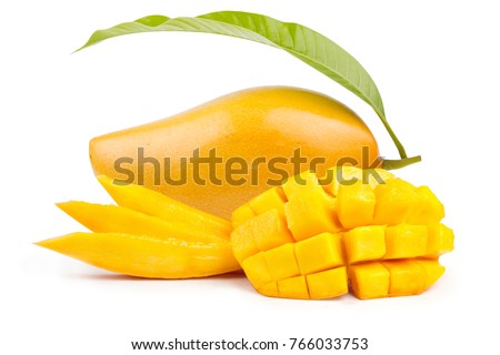 Yellow mango and mango slice with cubes isolated white background Royalty-Free Stock Photo #766033753