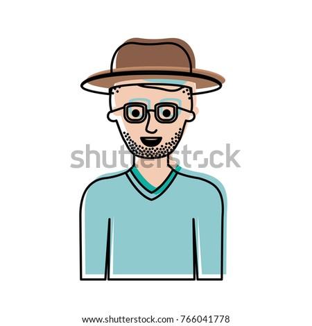 man half body with hat and glasses and sweater with short hair and stubble beard in watercolor silhouette