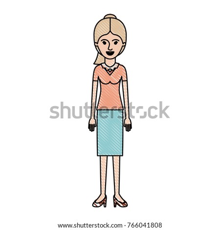 woman full body with blouse and skirt and heel shoes with ponytail hair in colored crayon silhouette