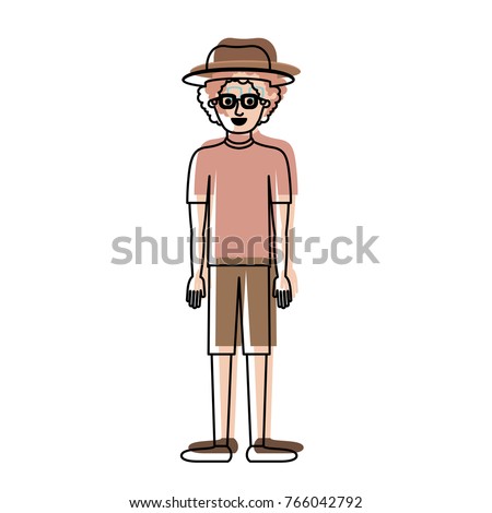 man with hat and glasses and t-shirt and short pants and shoes with curly hair in watercolor silhouette