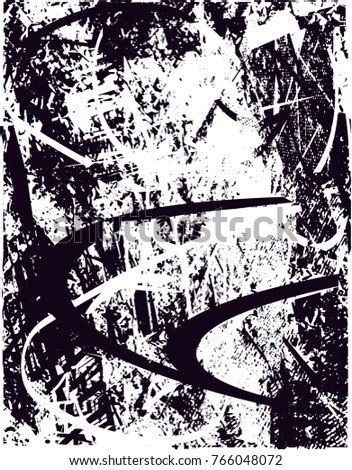 Print distress background in black and white texture with  dark spots, scratches and lines. Abstract vector illustration