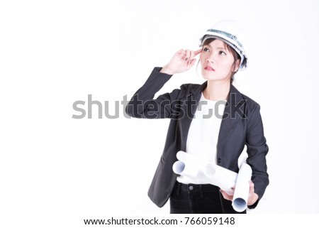 woman engineer hold blueprint on white background