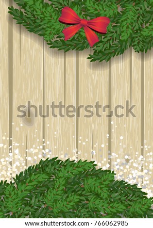 Christmas Wooden Background. Vector illustration with branches, bow and snow.