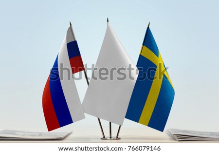 Flags of Russia and Sweden with a white flag in the middle