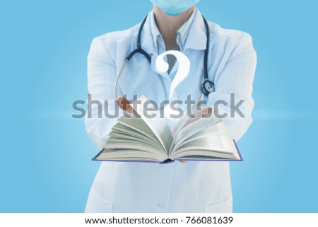 Doctor shows the book on a question mark . The concept answers to the questions.