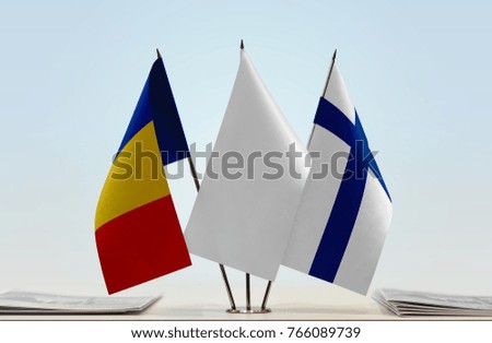 Flags of Romania and Finland with a white flag in the middle