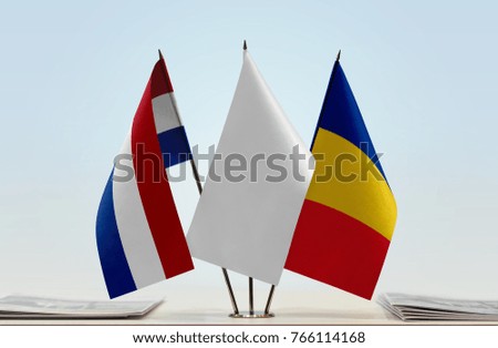 Flags of Netherlands and Romania with a white flag in the middle