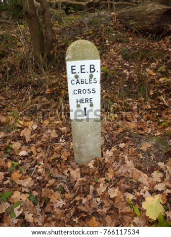 cables crossing stone sign post forest floor warning; essex; england; uk