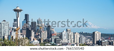 Seattle skyline panorama with Mt. Rainier in background late summer afternoon from Kerry Park, Seattle, WA