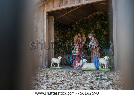 Outdoor nativity scene at Christmas market in Merano South Tyrol