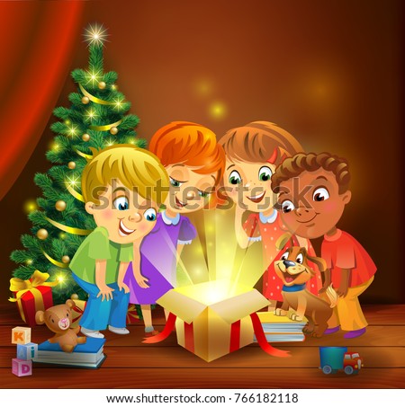 Kids opening a magic gifts beside a Christmas tree, Christmas miracle. A vector illustration in traditional style