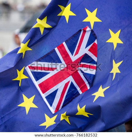 Union Flag or Union Jack within a European Union Flag, symbolic image for Brexit