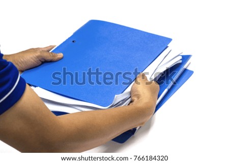 Business Man putting white paper in blue file document in work office business concept
