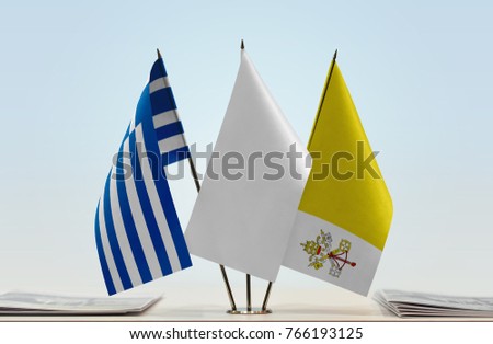Flags of Greece and Vatican City with a white flag in the middle