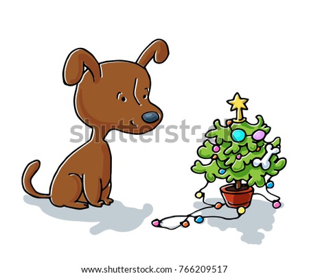 A dog with a Christmas tree. Christmas puppy wishes a happy new year. Vector colorful illustration with a cartoon animal. Isolaated on white background 