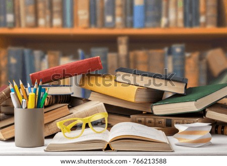 Book, shelf, table.