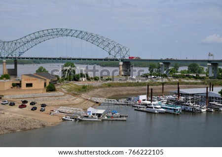 Hernando de Soto bridge with boats docked nearby, Memphis, Tennessee