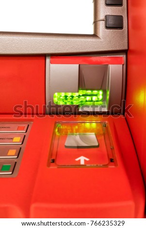 Close up of Insert panel for ATM card with green LED light up on red ATM machine