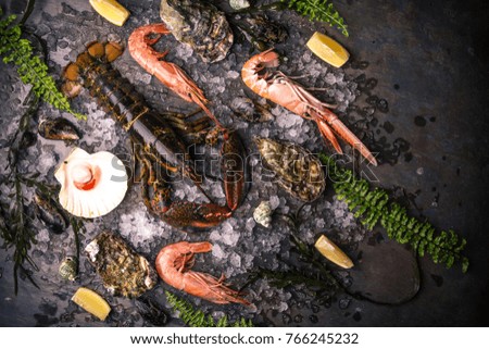 Seafood: lobster, shrimp, langoustine, oysters on ice
