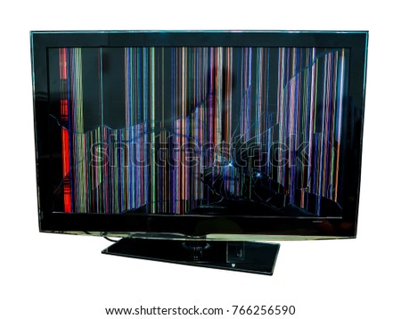 Modern TV with broken screen isolated on white background