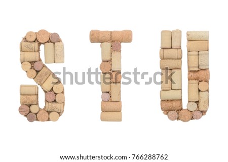 Alphabet letter STU from wine corks isolated on white background