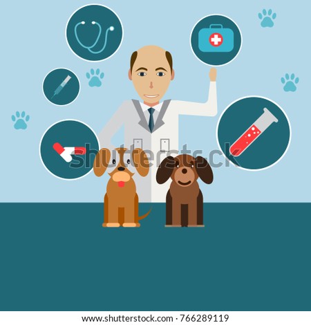 The veterinary profession. A love for animals. Vector flat illustration. Pets health care horizontal banners. Cartoon concept.