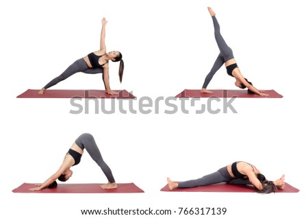 collection set of young asian woman in sportswear practicing yoga on the mat in different poses isolated on white background, exercise fitness, sport training and healthy lifestyle concept