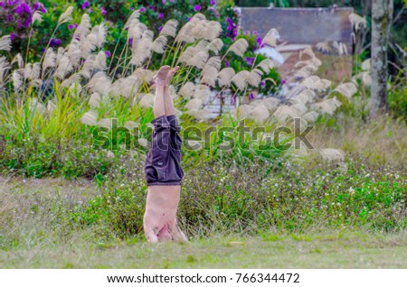 Young man doing Sirsasana yoga at the forest