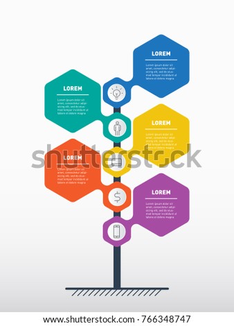 Vertical Timeline infographics. Time line of tendencies and trends graph. The development and growth of the business. Business concept with 5 options, parts, steps or processes. Road sign or pointer.