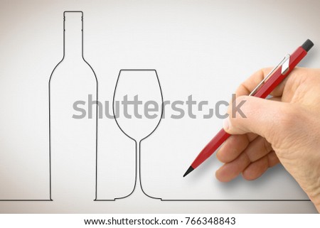 Hand drawing a bottle of wine with a wineglass - concept image with a single line design