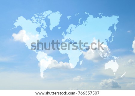 Nature cloudscape with blue sky and white cloud with world map