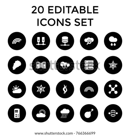 Cloud icons. set of 20 editable filled cloud icons such as explosion, rain, share, atom interaction, sun, server, smoke