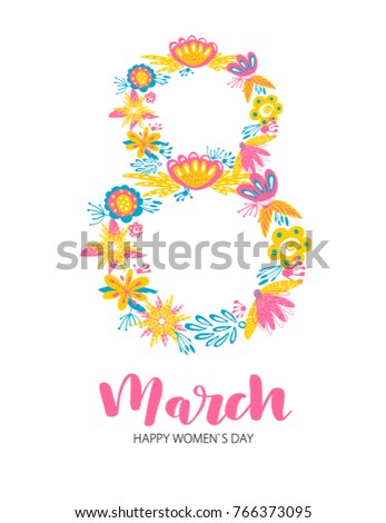 Happy Women's Day. Handwritten phrase and number 8 from two flowers wreaths on white background. 8 March party invitation, poster, banner or card design