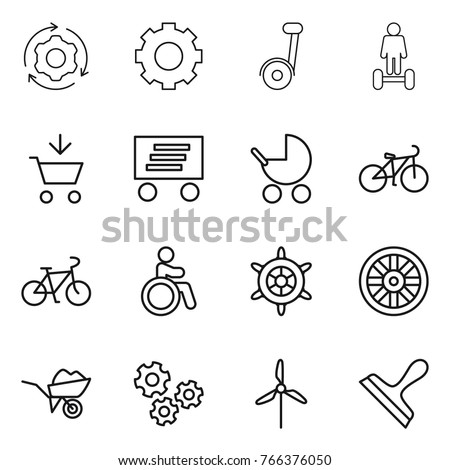 Thin line icon set : around gear, segway, hoverboard, add to cart, delivery, baby stroller, bike, invalid, handwheel, wheel, wheelbarrow, gears, windmill, scraper