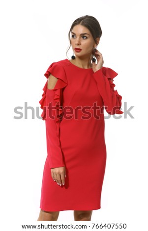 clerk manager business woman in red dress close up photo isolated on white