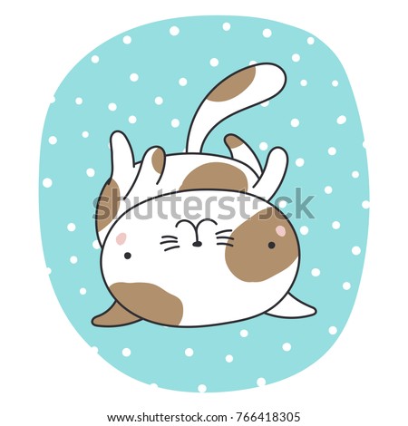 Hand drawn Christmas greeting card with cute funny cartoon cat lying on its back. Isolated objects on white background. Vector illustration. Design concept for kids, winter holidays.
