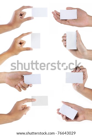 Set of hand holding blank business card over white