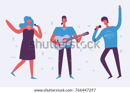 Vector illustration of singing and playing guitar characters in  flat design