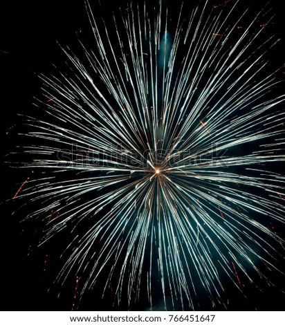 Beautiful silver star from fireworks. The black sky illuminates the fireworks.