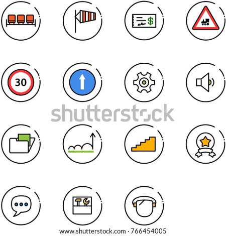 line vector icon set - waiting area vector, side wind, check, railway intersection road sign, speed limit 30, only forward, gear, low volume, folder, growth, stairs, star medal, chat, tool box