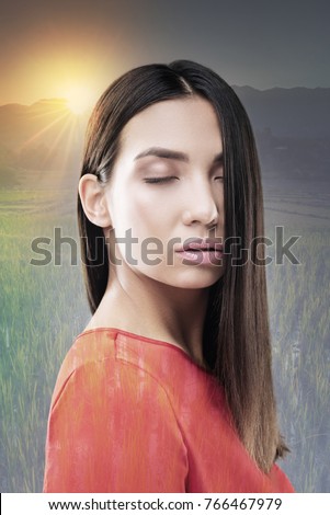 Moment of relaxation. Calm brunette female standing in semi position and opening mouth while going to meditate