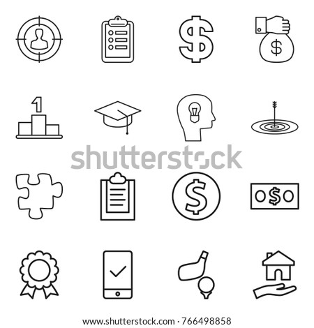 Thin line icon set : target audience, clipboard, dollar, money gift, pedestal, graduate hat, bulb head, puzzle, coin, medal, mobile checking, golf, housing