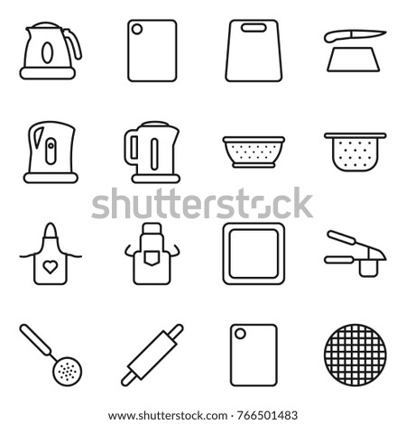 Thin line icon set : kettle, cutting board, colander, apron, garlic clasp, skimmer, rolling pin, sieve
