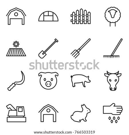 Thin line icon set : barn, greenhouse, fence, sheep, field, shovel, fork, rake, sickle, pig, cow, harvester, rabbit, sow